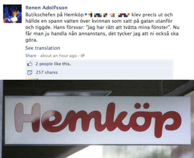 Butikschef hällde vatten på tiggande kvinna
